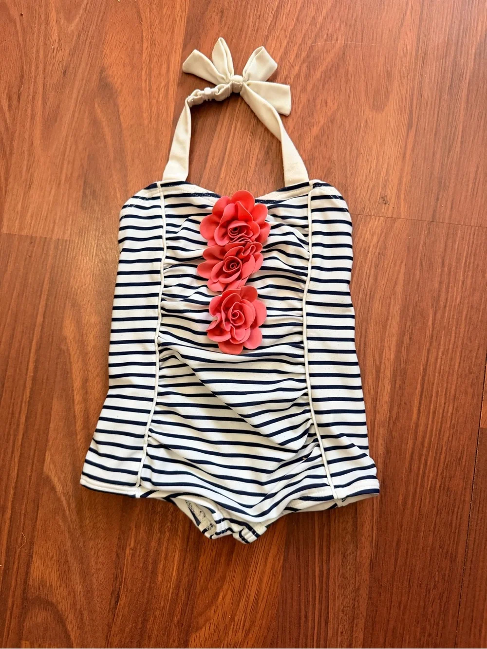 Janie and Jack Navy & White Striped One-Piece with Coral Flower Trim
